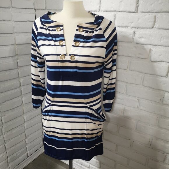 Venus Ladies White, Blue, & Tan Striped Size Small Straight Fit Beach Coverup - Picture 1 of 10